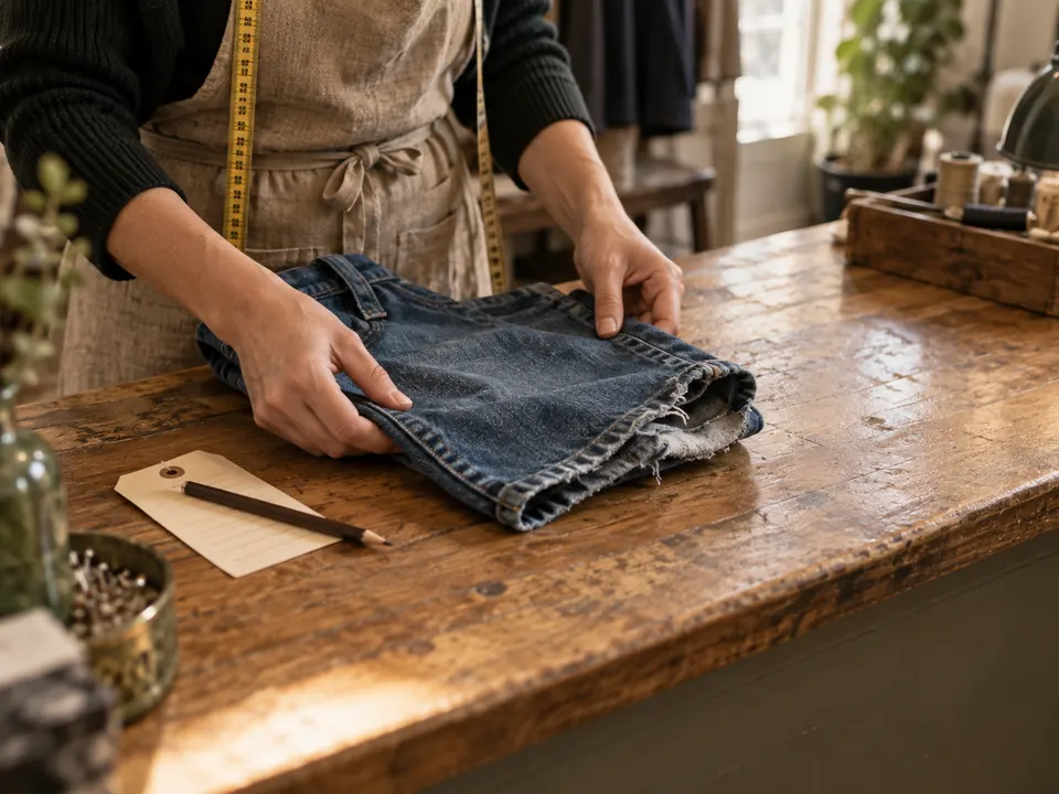 Hender legger en slitt jeans på disken i systuen.