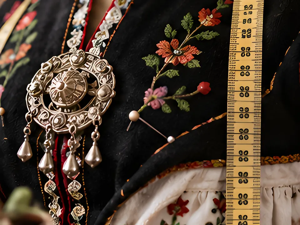 Brodert bunadsstoff med sølje, målebånd og knappenåler.