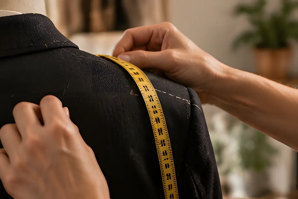 Hender måler skulderen på en dressjakke.