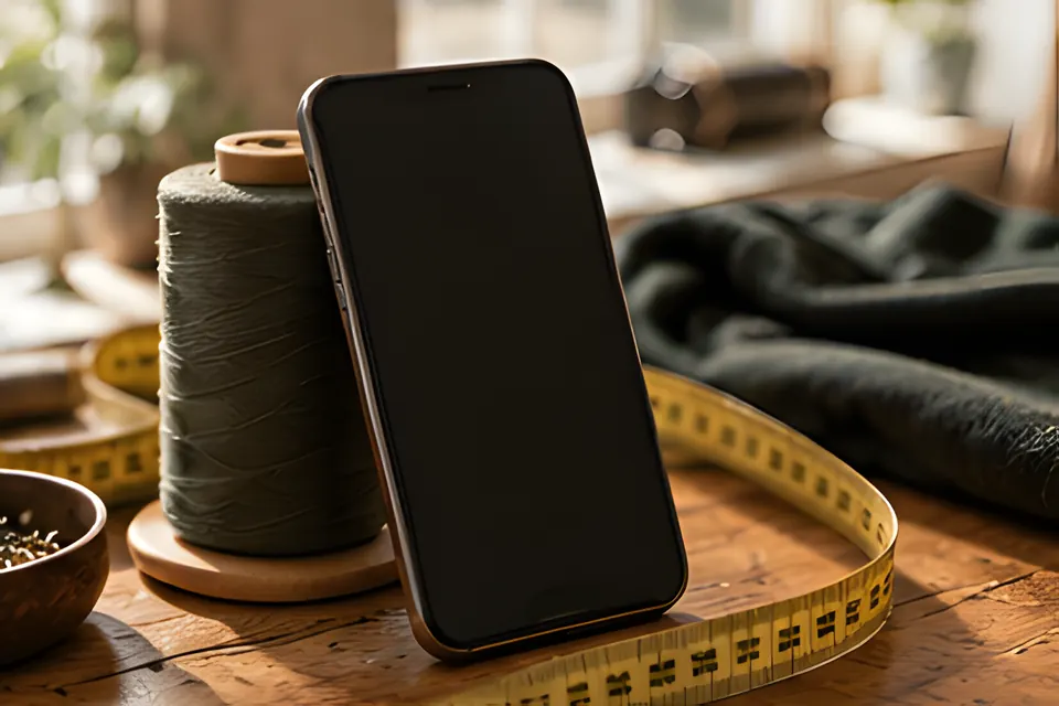 Mobiltelefon med mørk skjerm ved en trådsnelle og målebånd.